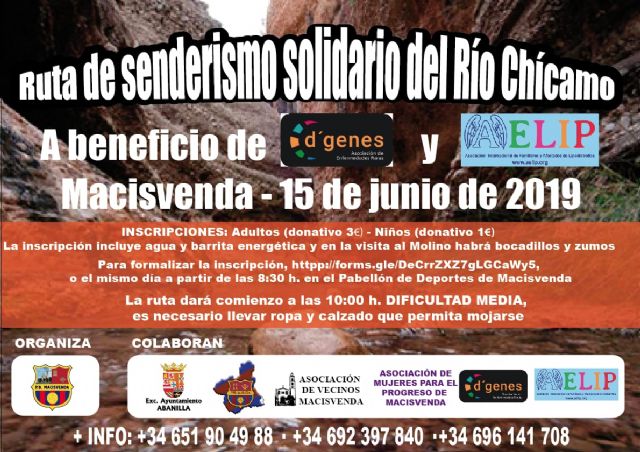 La Ruta de Senderismo solidario del Río Chícamo, actividad solidaria con D´Genes y AELIP, se celebrará el próximo 15 de junio