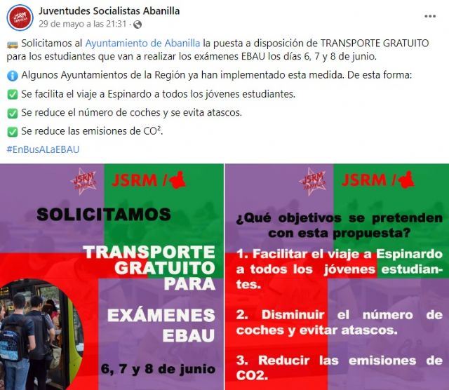 Juventudes Socialistas de Abanilla solicita transporte gratuito para los estudiantes que se presentan a la EBAU